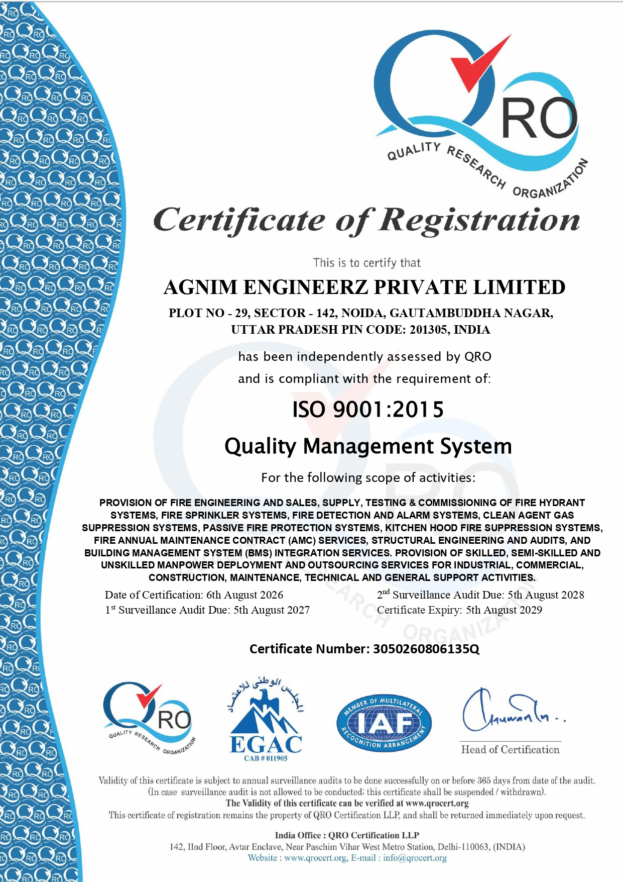 Agnim Engineerz ISO 9001:2015 Certificate of Registration, issued by QRO Certification LLP
