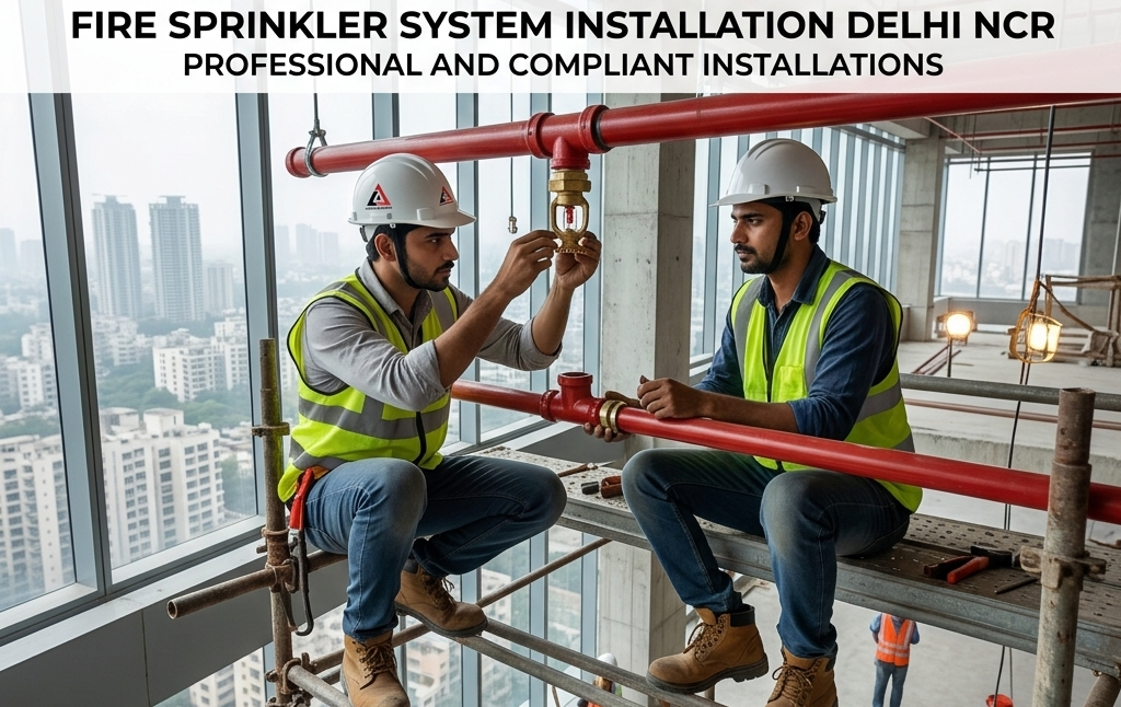 Fire sprinkler system installation in Delhi NCR by Agnim Engineerz technicians on site