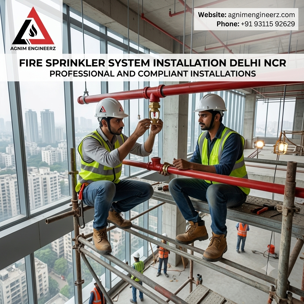 Fire sprinkler system installation in Delhi NCR by Agnim Engineerz technicians on site